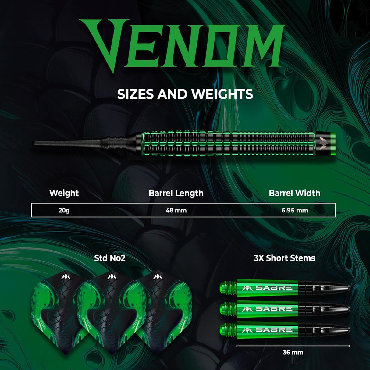 Mission Venom Darts - Steel Tip - 90% Tungsten - Black & Green Electro - view 5