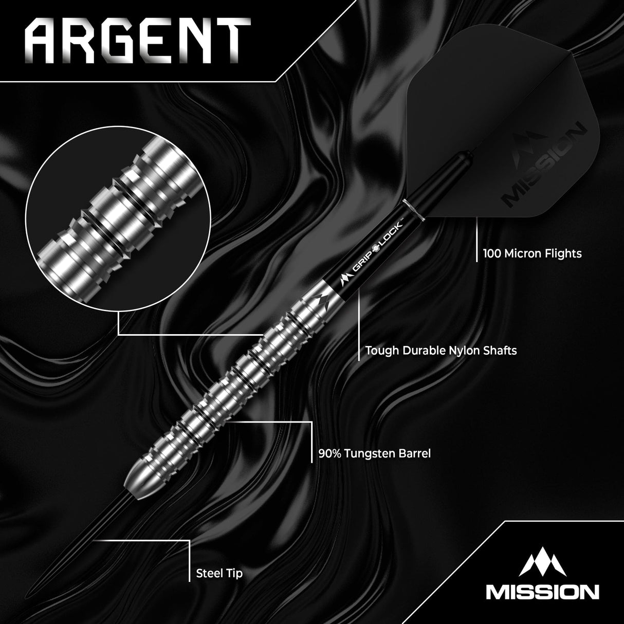 Mission Argent Darts - Steel Tip - 90% Tungsten - Silver - view 2