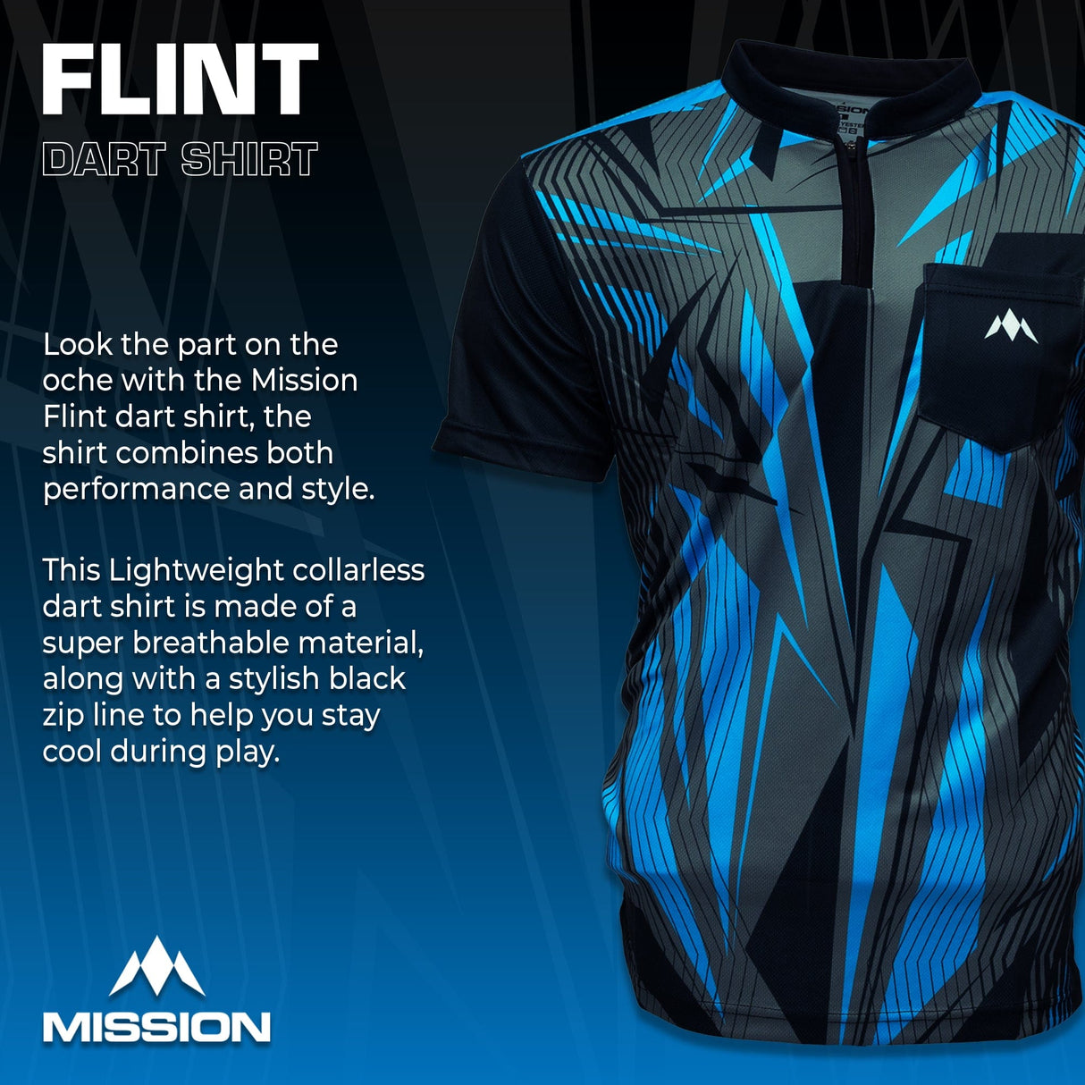 *Mission Darts Flint Dart Shirt - Collarless - Lightweight - Black & Blue - view 2