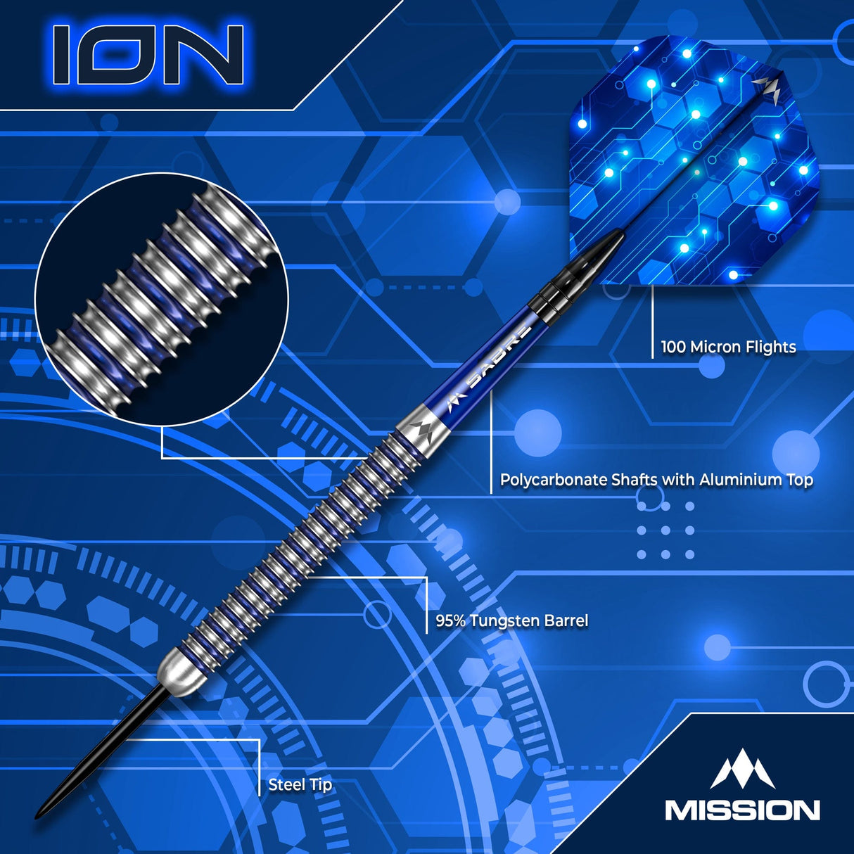 Mission ION Darts - Steel Tip - 95% Tungsten - Blue & Silver - view 3