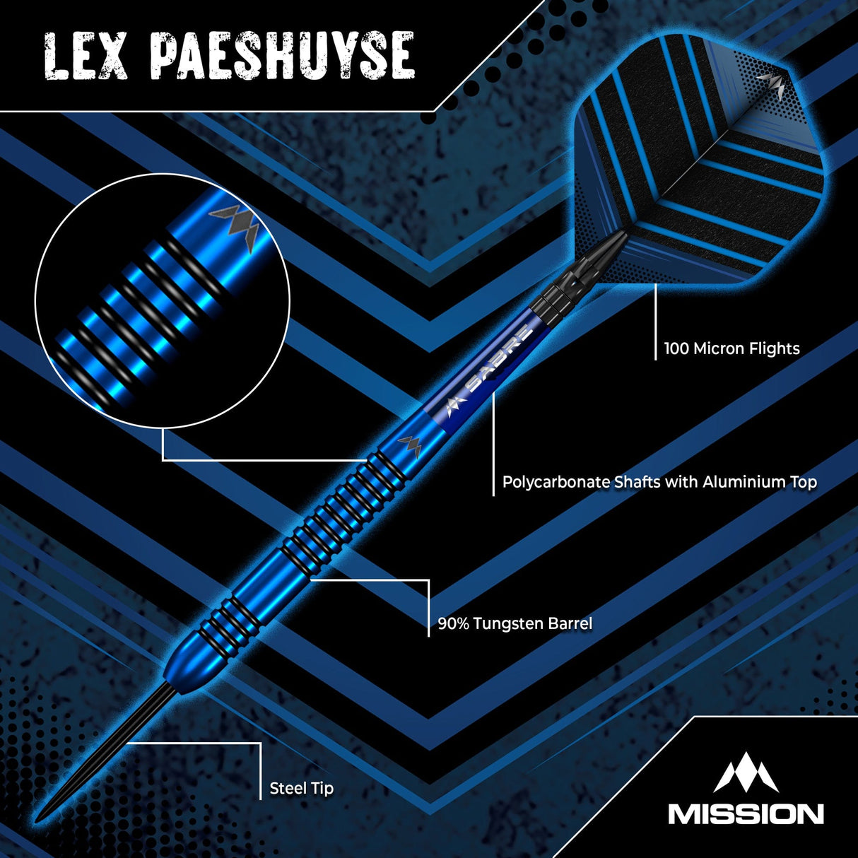 Mission Lex Paeshuyse Darts - Steel Tip - 90% Tungsten - Blue & Black - view 3