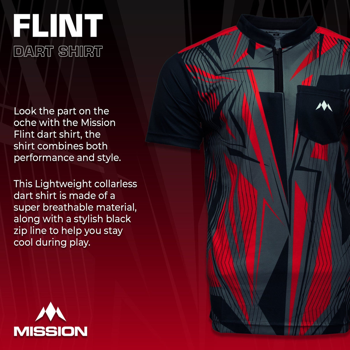 *Mission Darts Flint Dart Shirt - Collarless - Lightweight - Black & Red - view 2