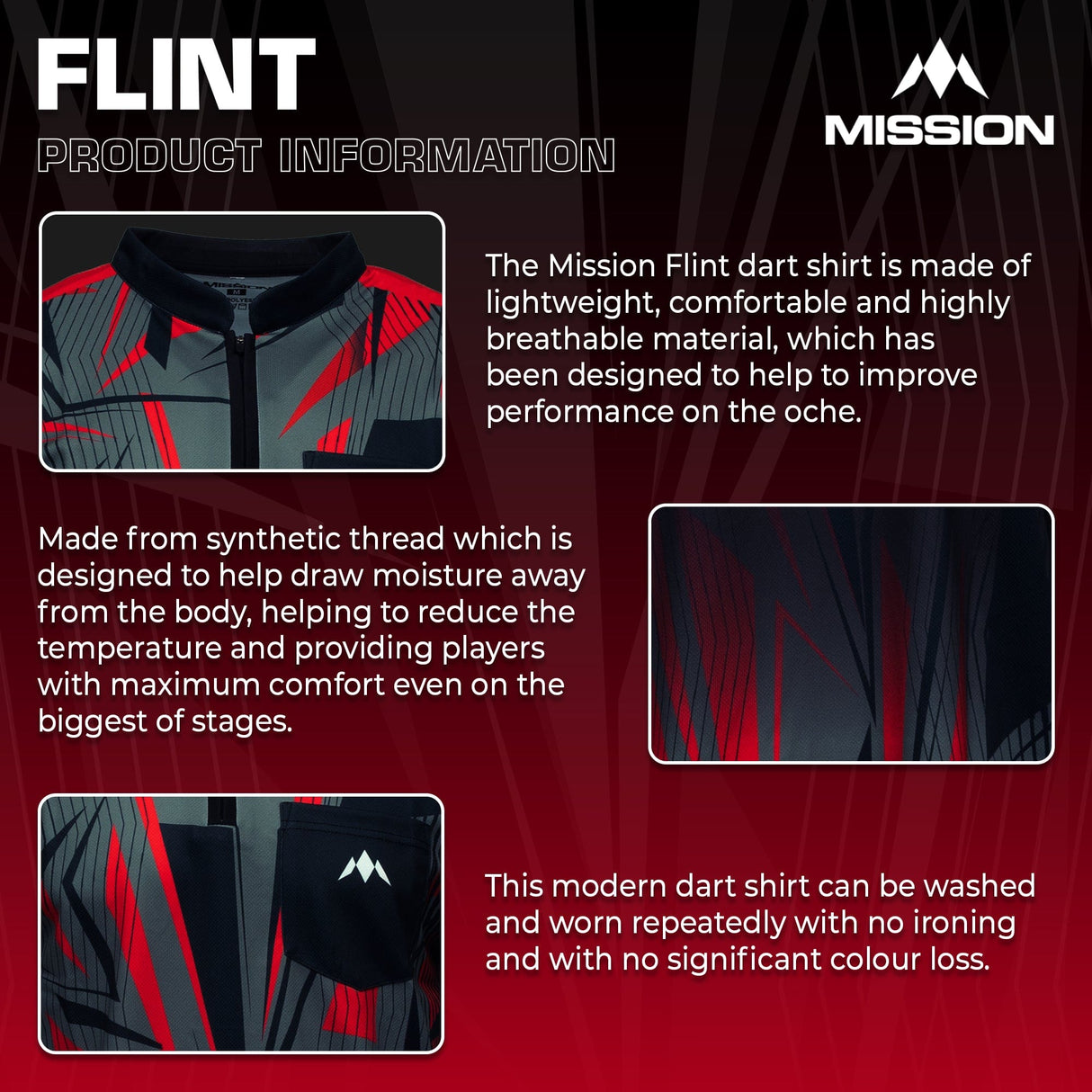*Mission Darts Flint Dart Shirt - Collarless - Lightweight - Black & Red - view 4