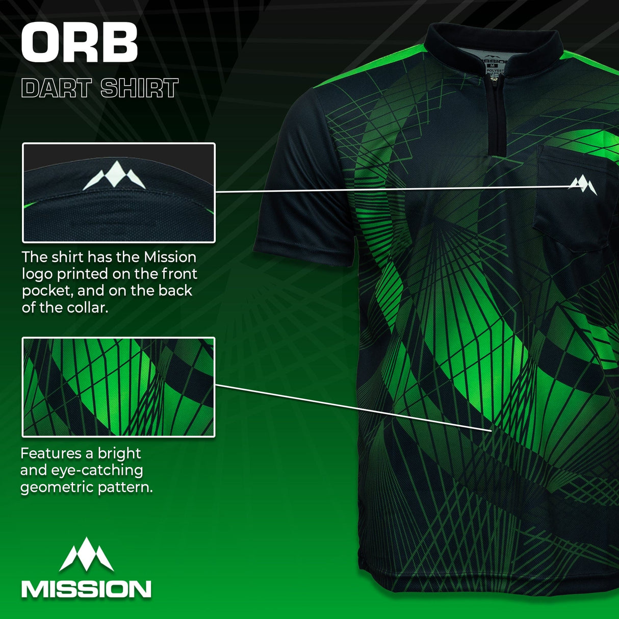 *Mission Darts Orb Dart Shirt - Collarless - Lightweight - Black & Green - view 3