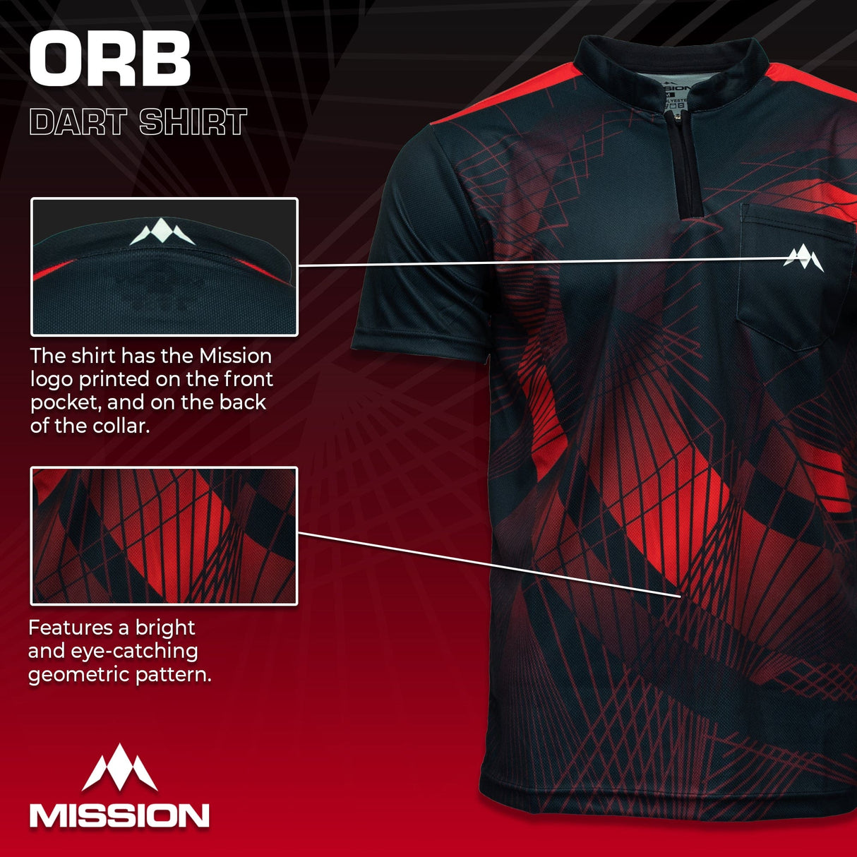 *Mission Darts Orb Dart Shirt - Collarless - Lightweight - Black & Red - Youth - view 3