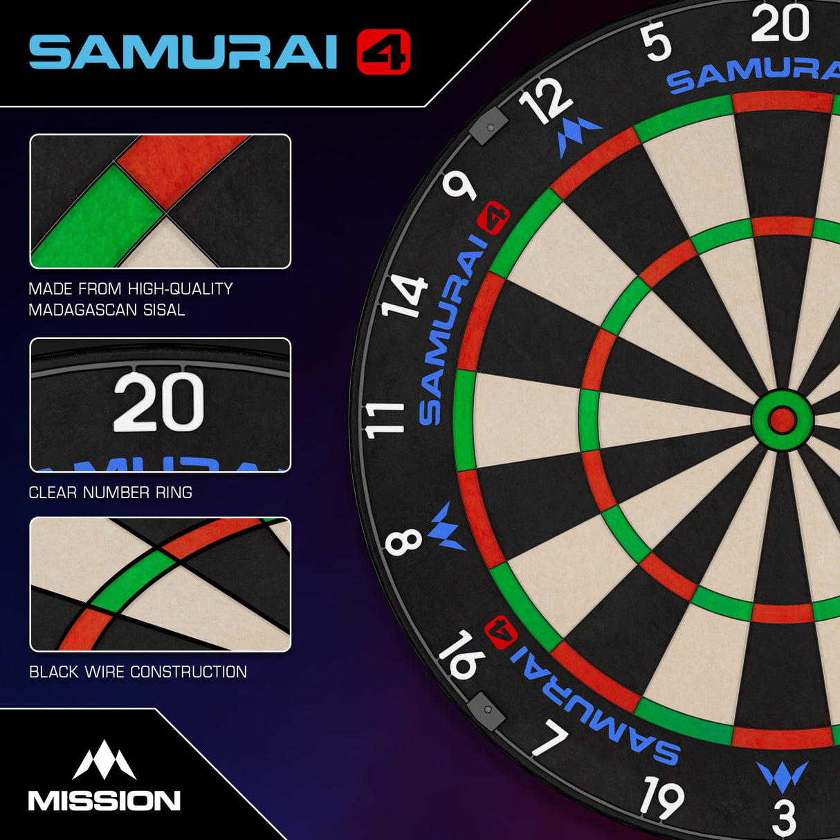 Mission Samurai 4 Dartboard - Professional - Knife Wire - Black Spider - view 4
