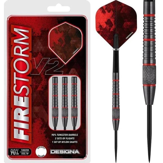 Designa Firestorm V2 Darts - Steel Tip - Knurled - Black - The Darts Shop