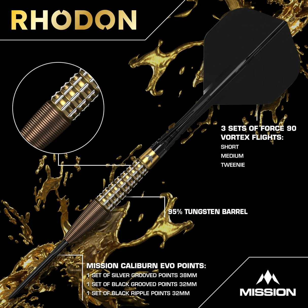 Mission Rhodon Darts - Steel Tip - 95% Tungsten - Bronze & Gold PVD - view 2