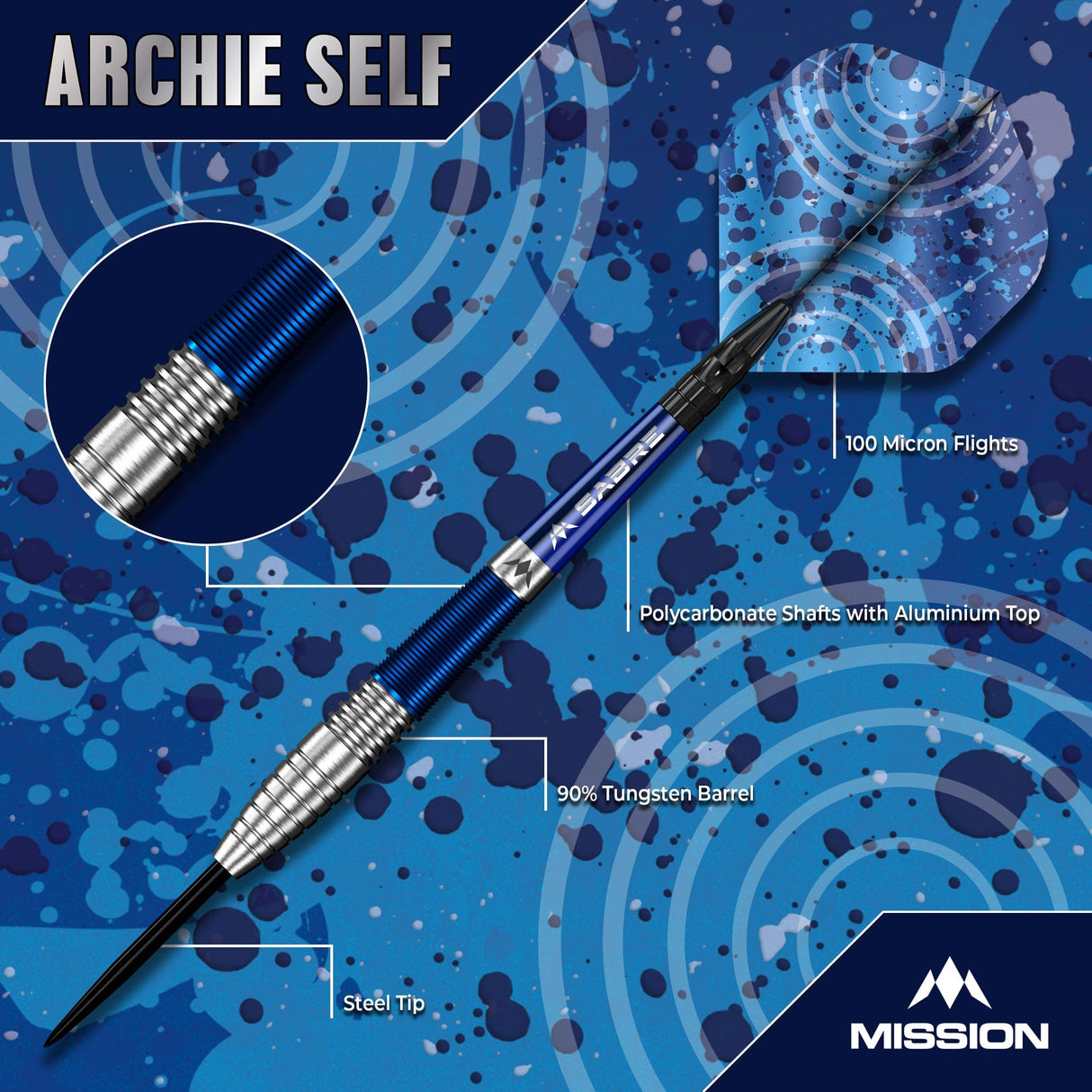 Mission Archie Self Darts - Steel Tip - 90% Tungsten - Blue & Silver - view 3