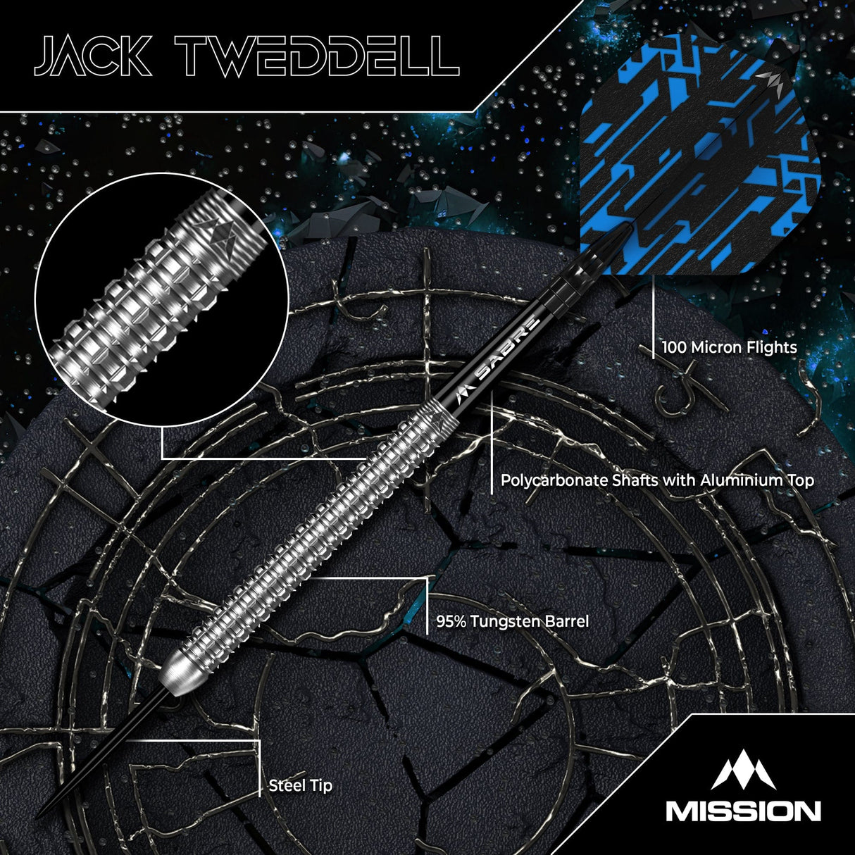 Mission Jack Tweddell 95% Tungsten Steel Tip Darts Set - Aggressive Grip