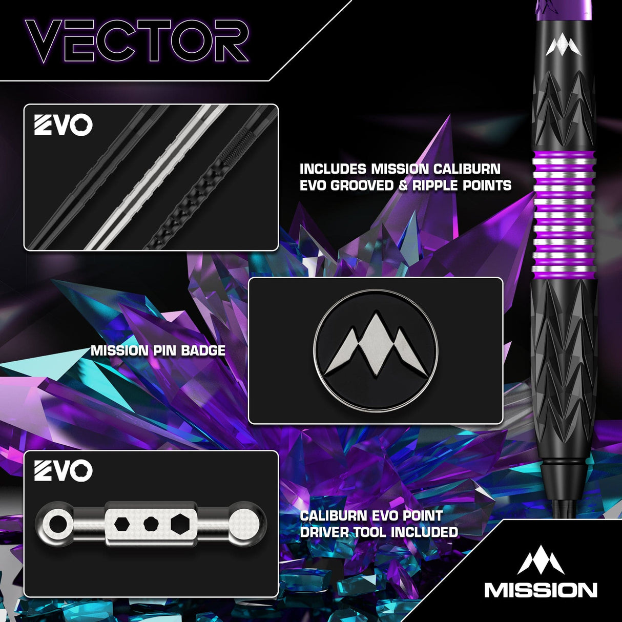 Mission Vector Darts - Steel Tip - 95% Tungsten - Black PVD & Purple Electro - view 5