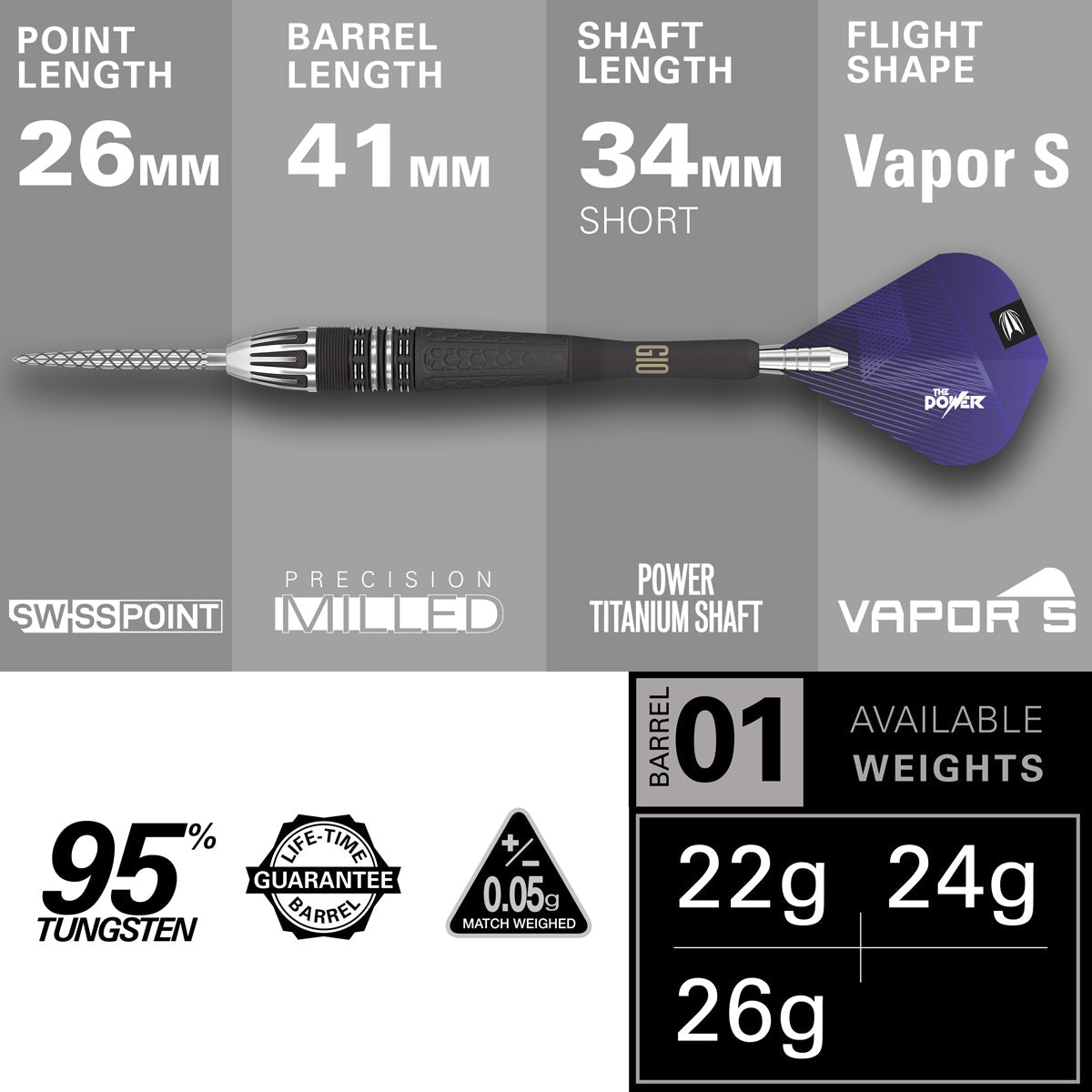 Phil Taylor Power 9five G10 95% Tungsten Swiss Point Steel Tip Darts by Target - view 4
