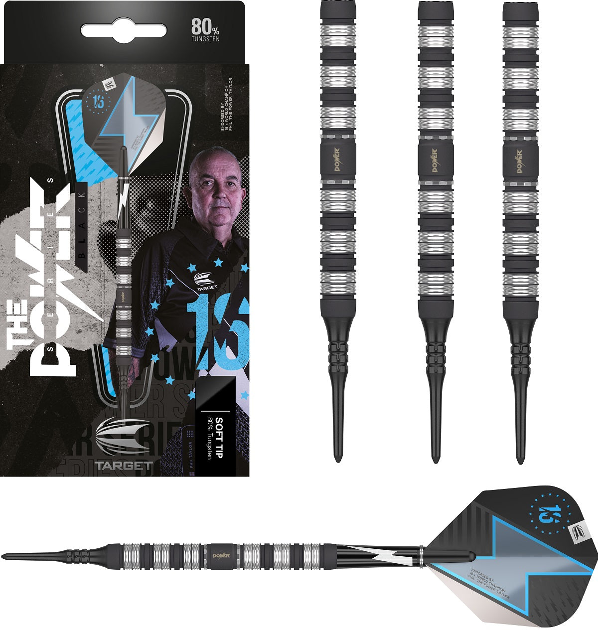 Phil Taylor Power Series Black 80% Tungsten Soft Tip Darts by Target
