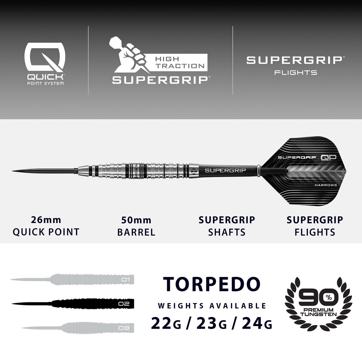 Harrows Supergrip Torpedo 90% Tungsten QP Steel Tip Darts - view 4