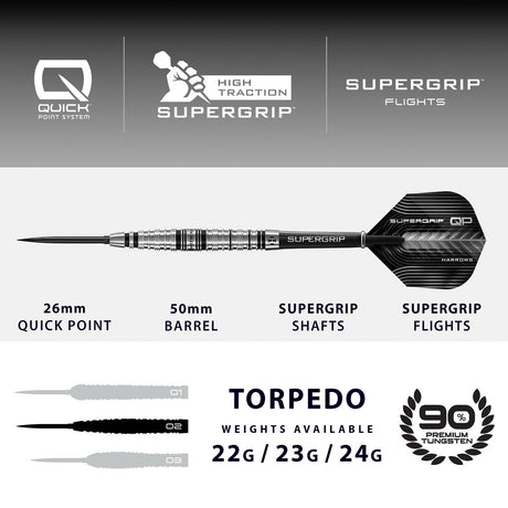 Harrows Supergrip Torpedo 90% Tungsten QP Steel Tip Darts - view 4
