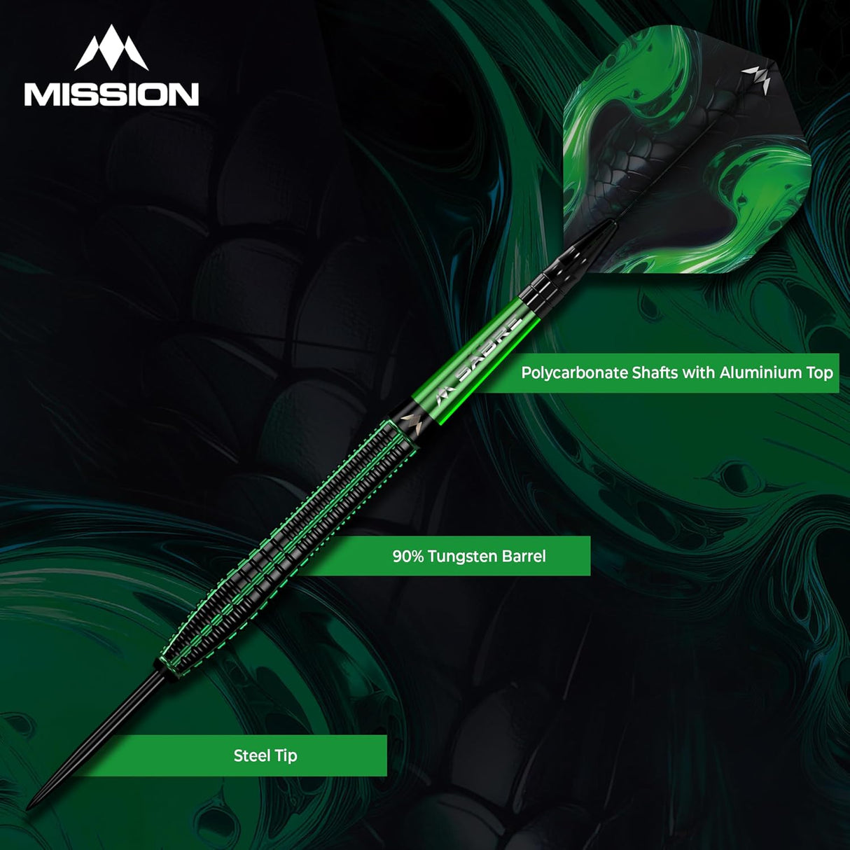 Mission Venom Darts - Steel Tip - 90% Tungsten - Black & Green Electro - view 6