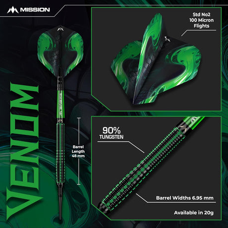 Mission Venom Darts - Steel Tip - 90% Tungsten - Black & Green Electro - view 3