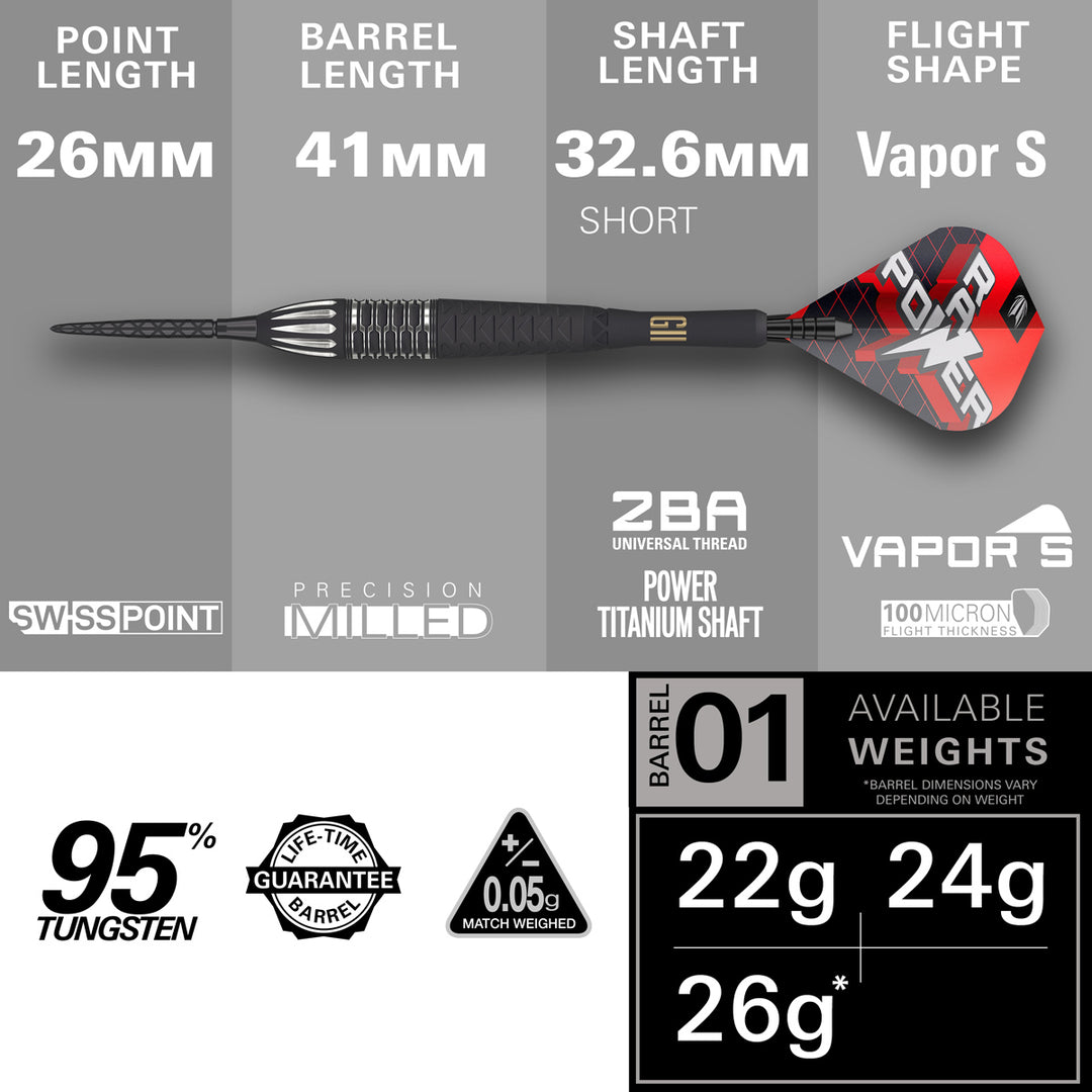 Phil Taylor Raw Power G11 95% Tungsten SP Steel Tip Darts by Target - The Darts Shop
