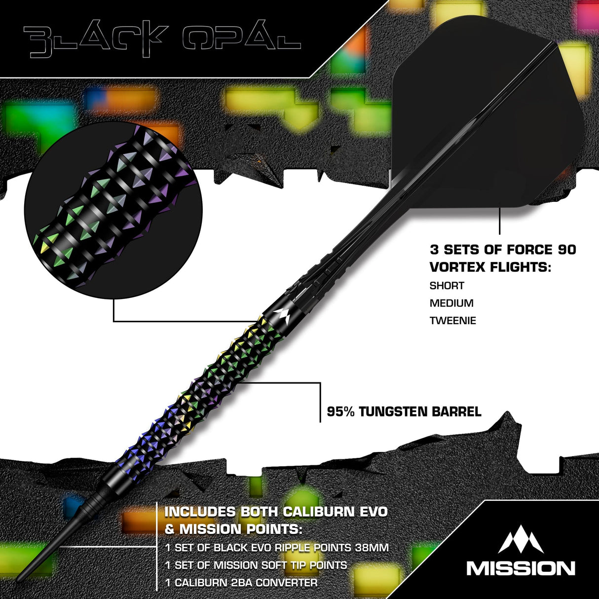 Mission Black Opal Darts - Soft Tip - 95% Tungsten - Black & Coral PVD - view 2