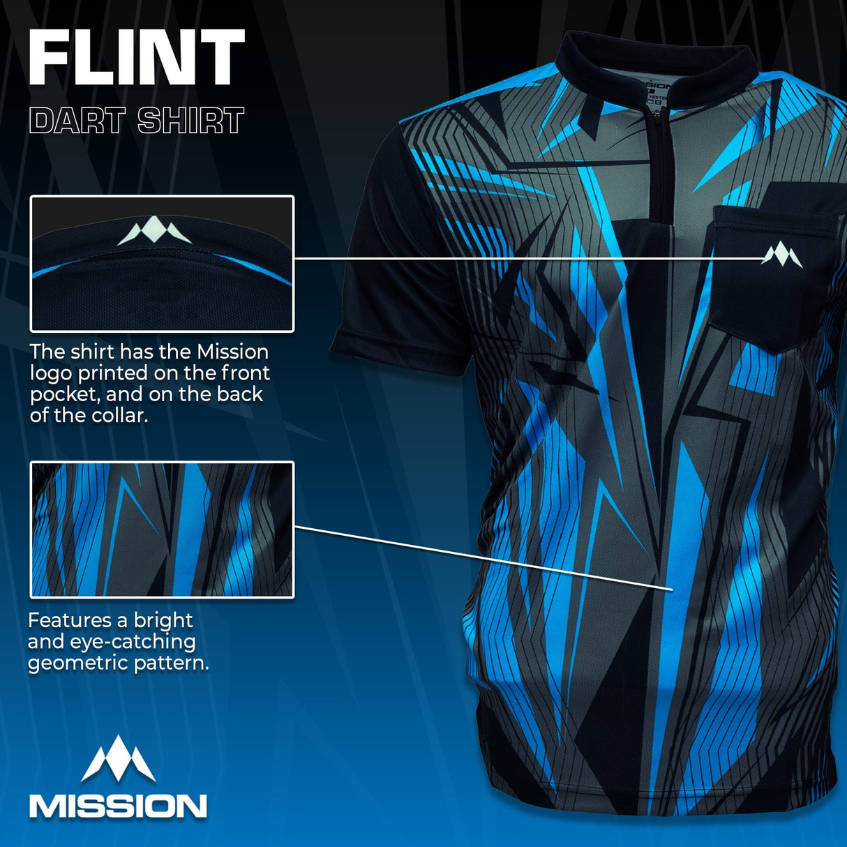 *Mission Darts Flint Dart Shirt - Collarless - Lightweight - Black & Blue - view 3