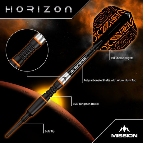 Mission Horizon Darts - Soft Tip - 95% Tungsten - Black PVD & Orange - 18g - view 3