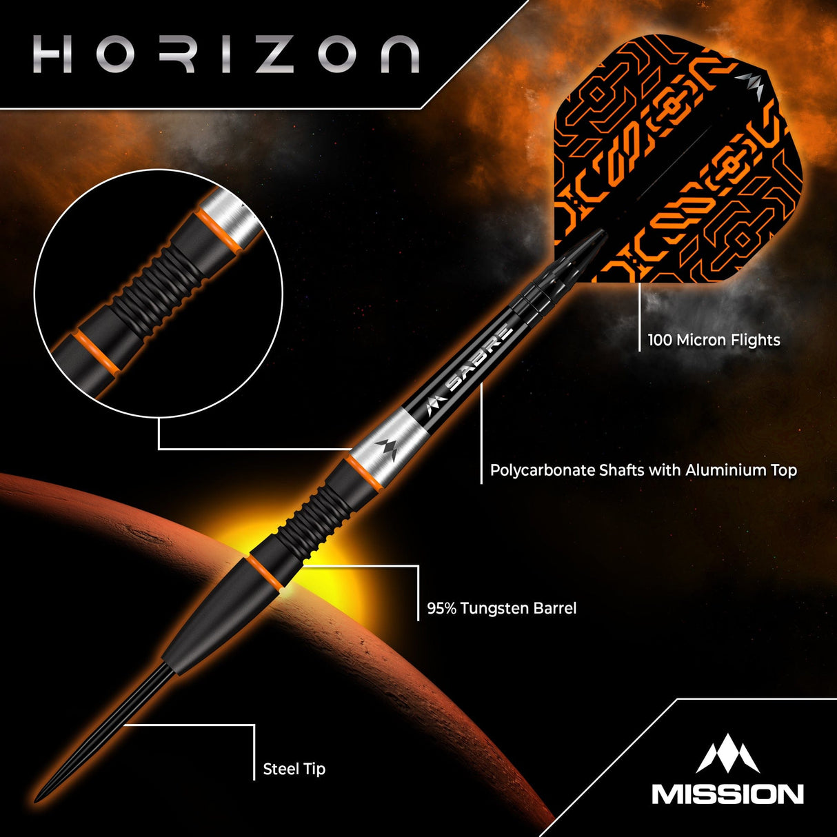 Mission Horizon Darts - Steel Tip - 95% Tungsten - Black PVD & Orange - view 3
