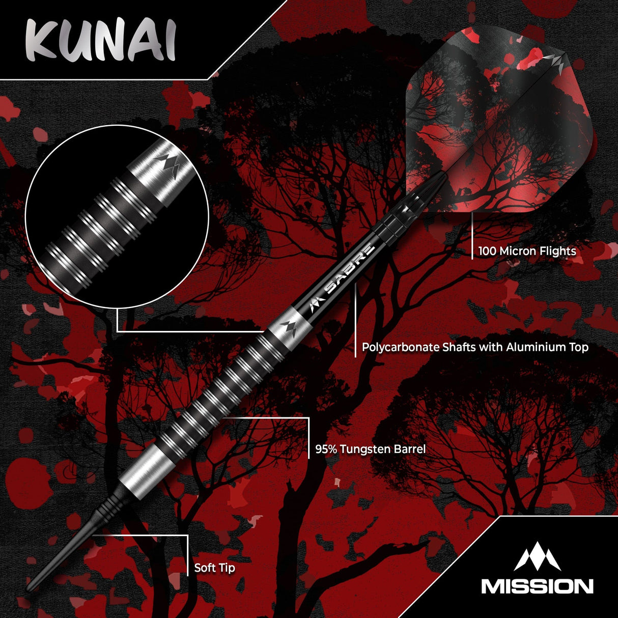 Mission Kunai Darts - Soft Tip - 95% Tungsten - Black PVD - 19g - view 3