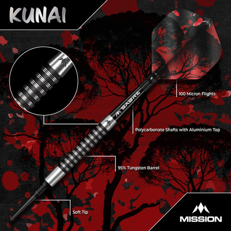Mission Kunai Darts - Soft Tip - 95% Tungsten - Black PVD - 19g - view 3