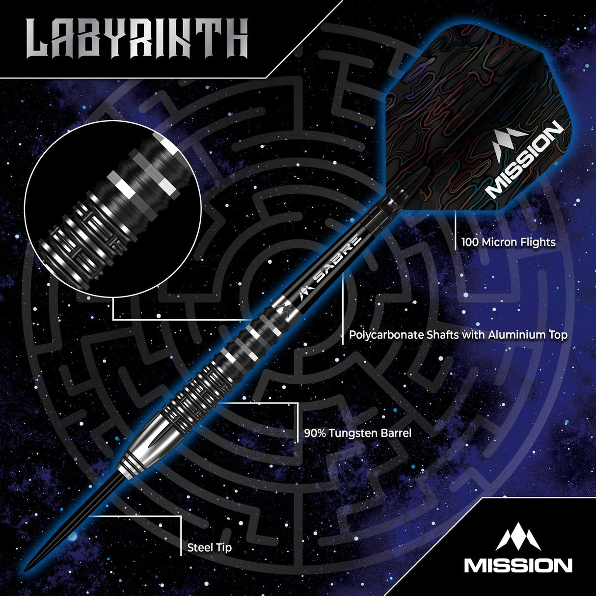 Mission Labyrinth Darts - Steel Tip - 90% Tungsten - Black PVD - view 2