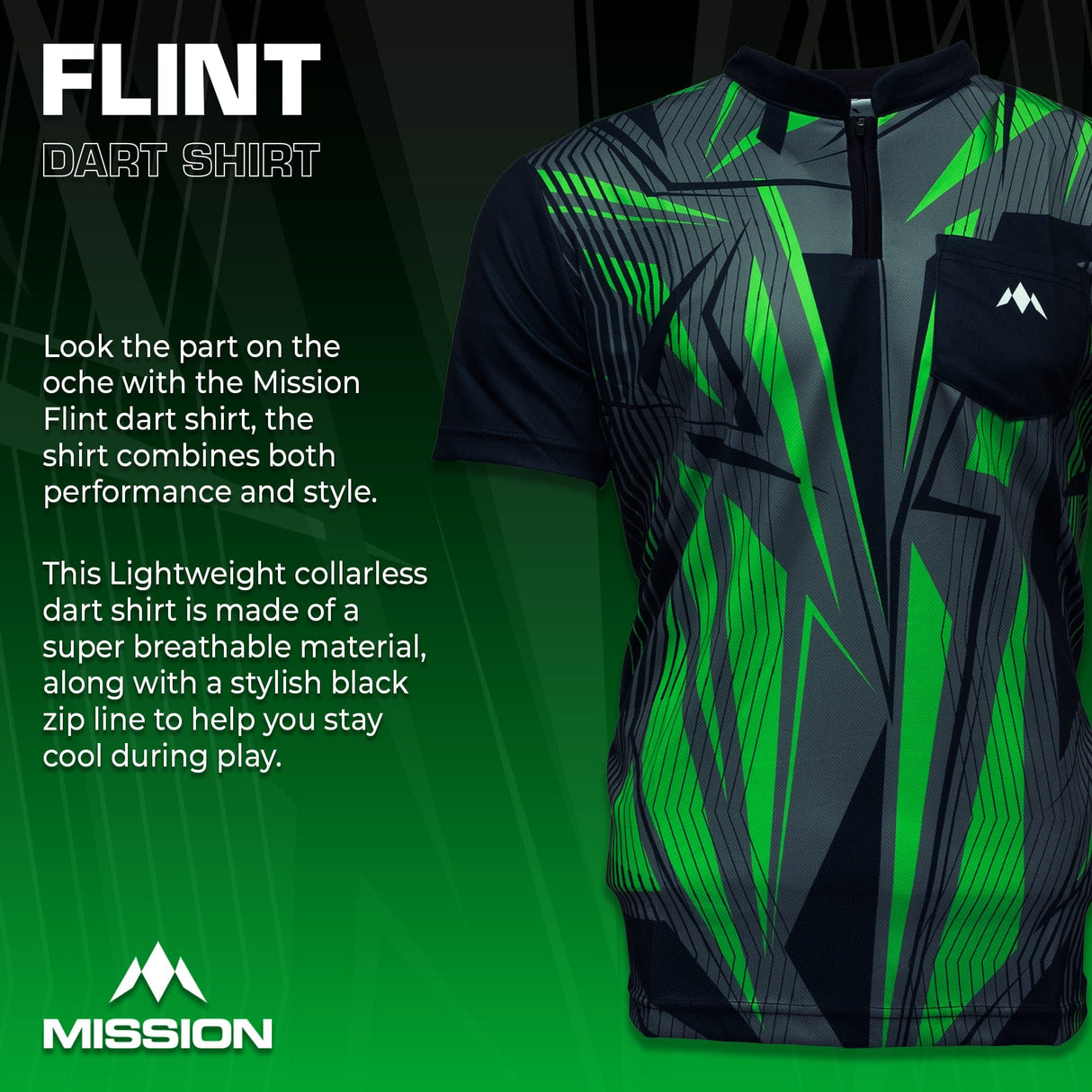*Mission Darts Flint Dart Shirt - Collarless - Lightweight - Black & Green - view 2