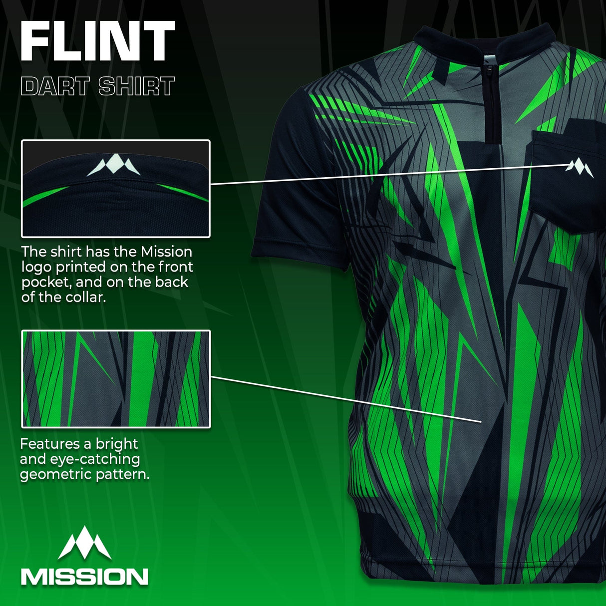 *Mission Darts Flint Dart Shirt - Collarless - Lightweight - Black & Green - view 3
