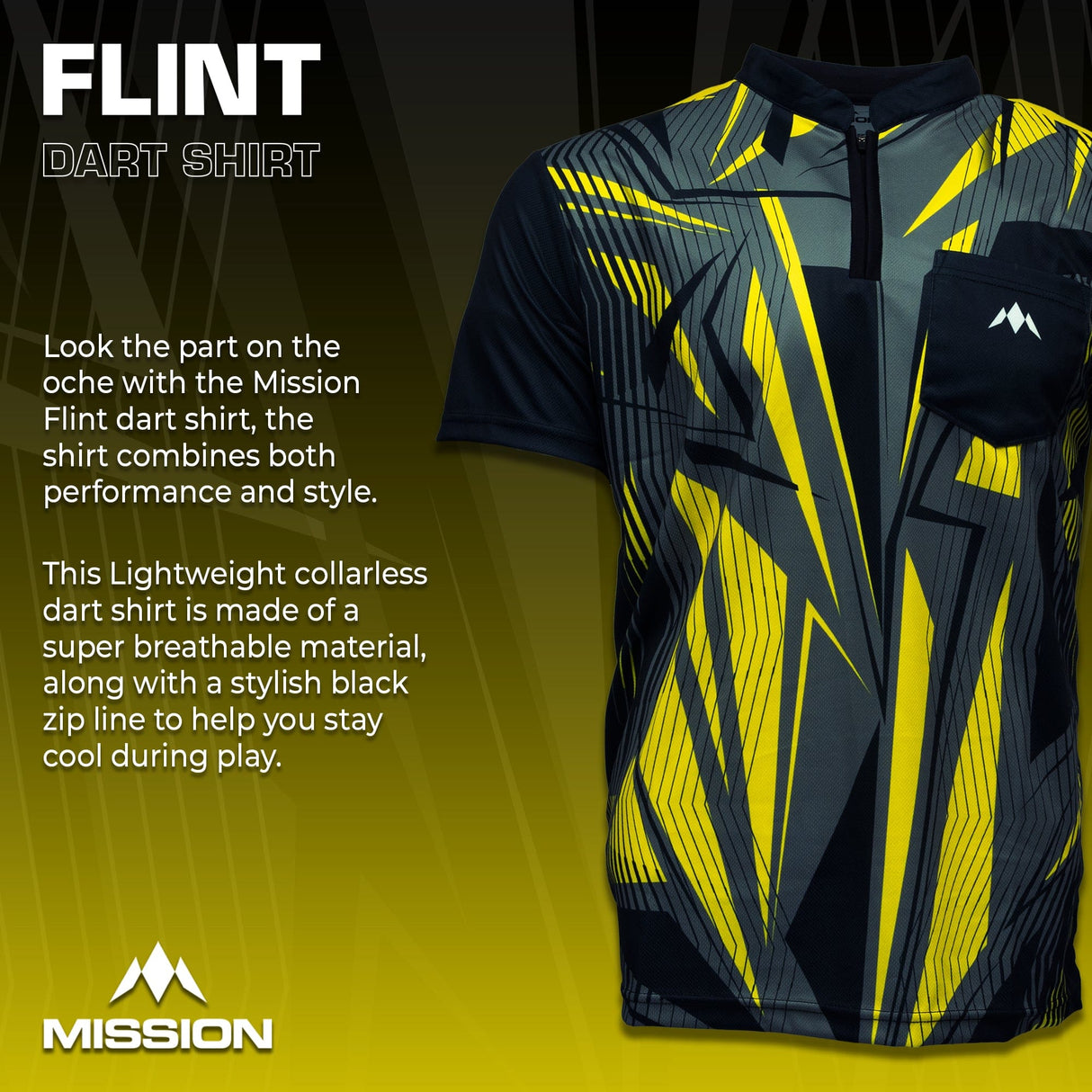 *Mission Darts Flint Dart Shirt - Collarless - Lightweight - Black & Yellow - view 2