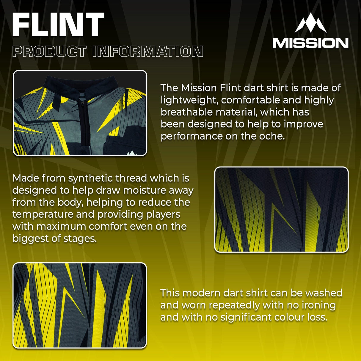 *Mission Darts Flint Dart Shirt - Collarless - Lightweight - Black & Yellow - view 4
