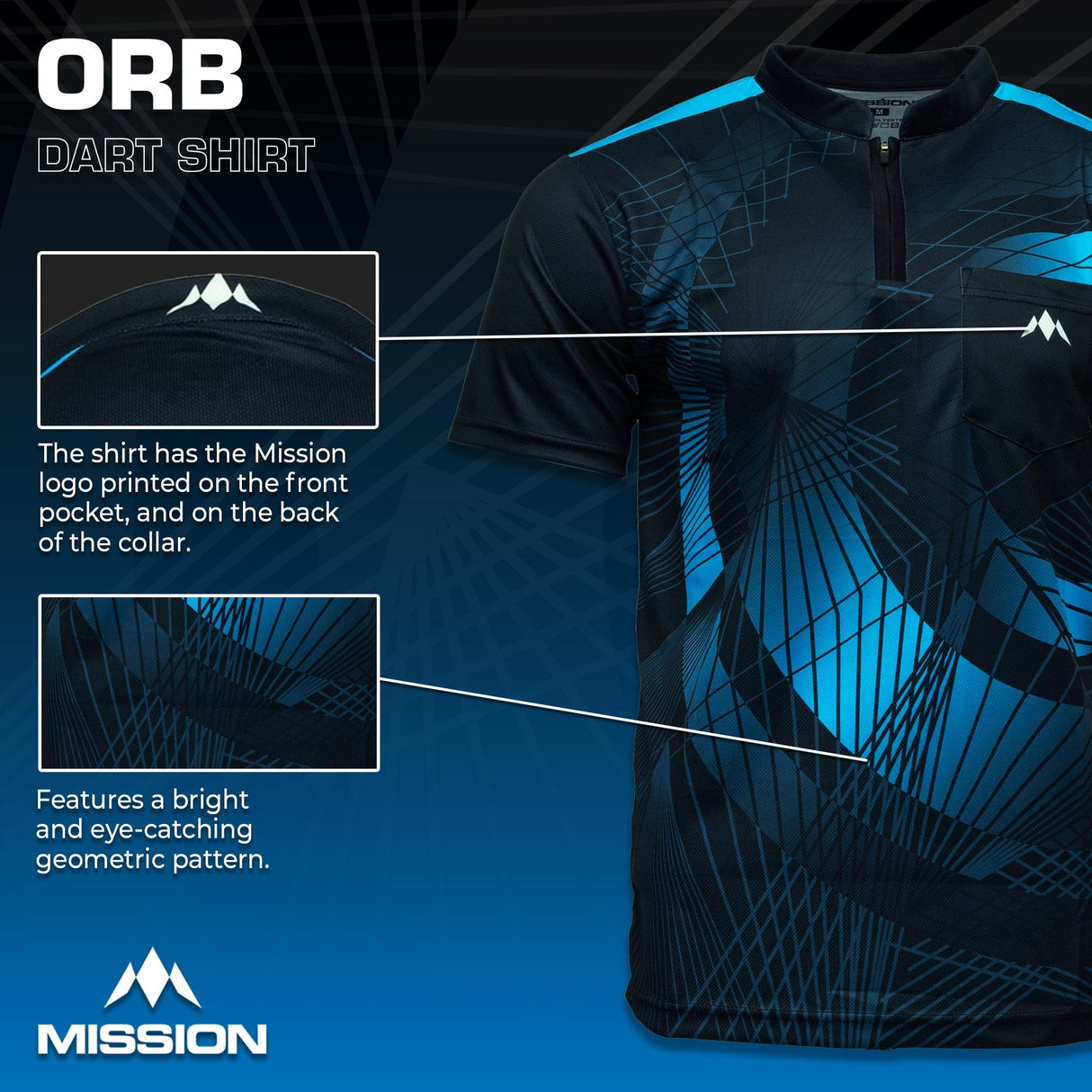 *Mission Darts Orb Dart Shirt - Collarless - Lightweight - Black & Blue - view 3