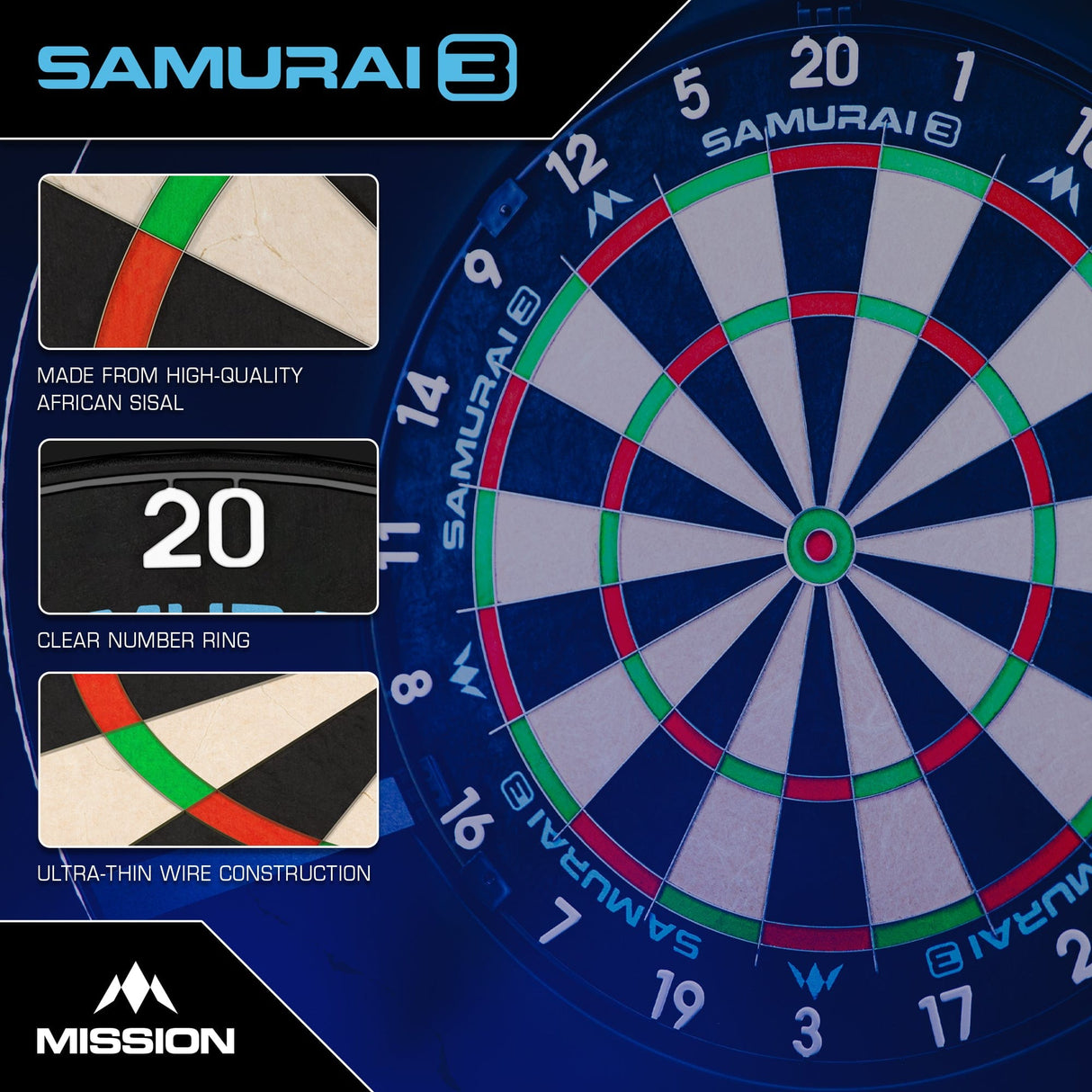 Mission Samurai 3 Dartboard - Professional - Knife Wire - Black Number Ring - view 4