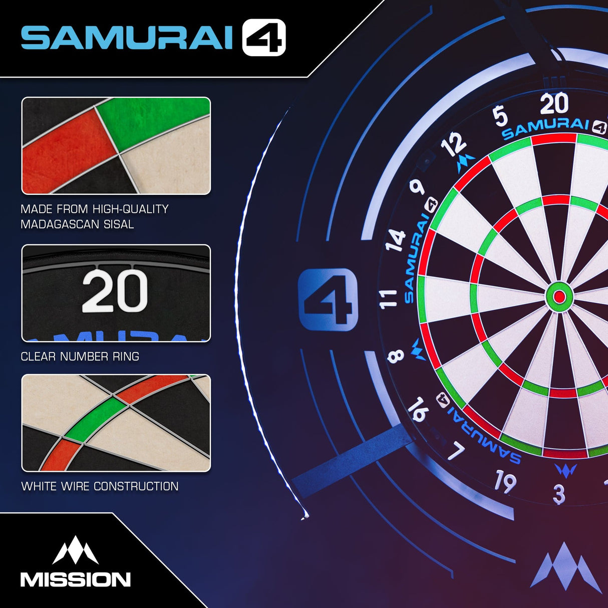 Mission Samurai 4 Dartboard - Professional - Knife Wire - White Spider - view 4