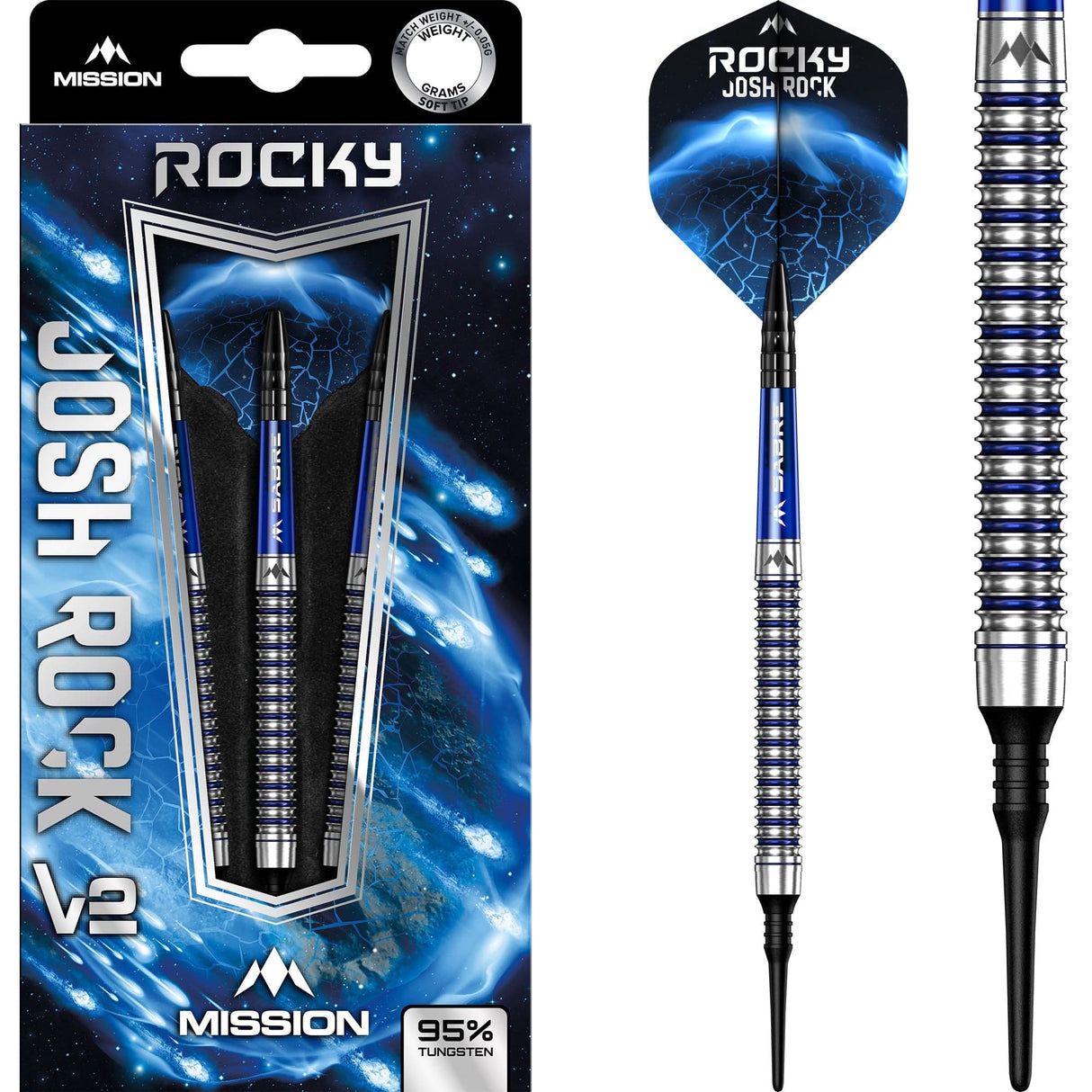 *Mission Josh Rock Darts v2 - Soft Tip - 95% - Rocky - Silver & Blue PVD