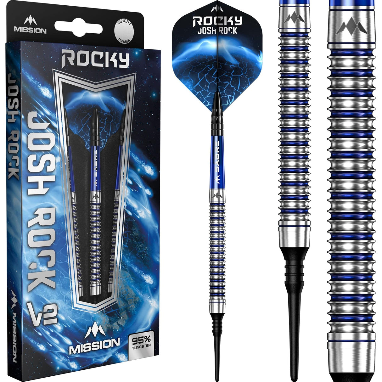 *Mission Josh Rock Darts v2 - Soft Tip - 95% - Rocky - Silver & Blue PVD - view 2
