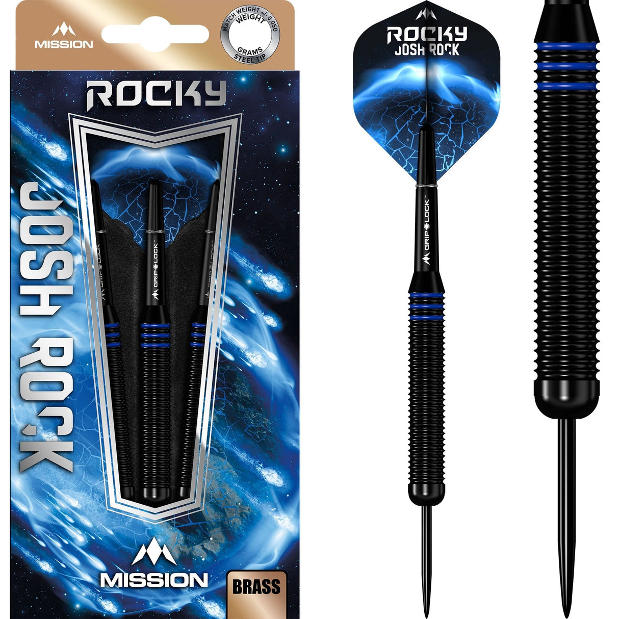 *Mission Josh Rock Darts - Steel Tip - Brass - Rocky - Black & Blue