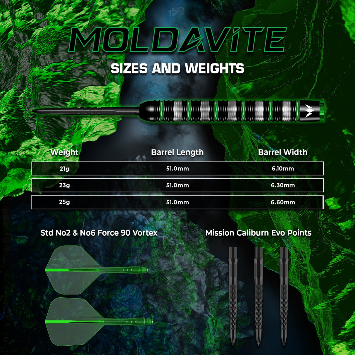 Mission Moldavite Darts - Steel Tip - 95% Tungsten - Black & Green - view 4