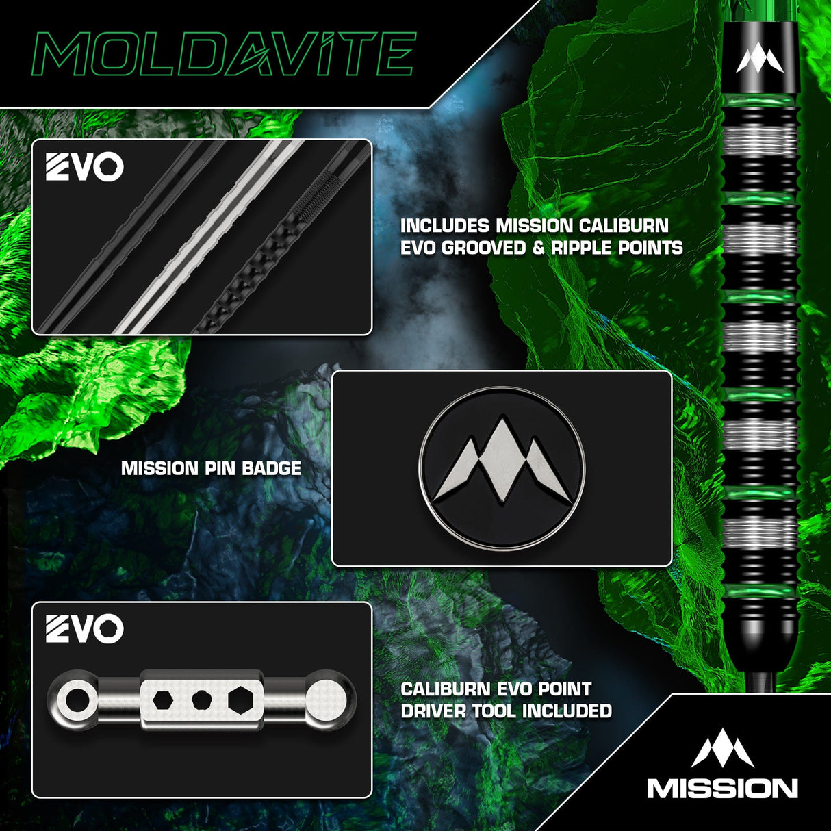 Mission Moldavite Darts - Steel Tip - 95% Tungsten - Black & Green - view 5