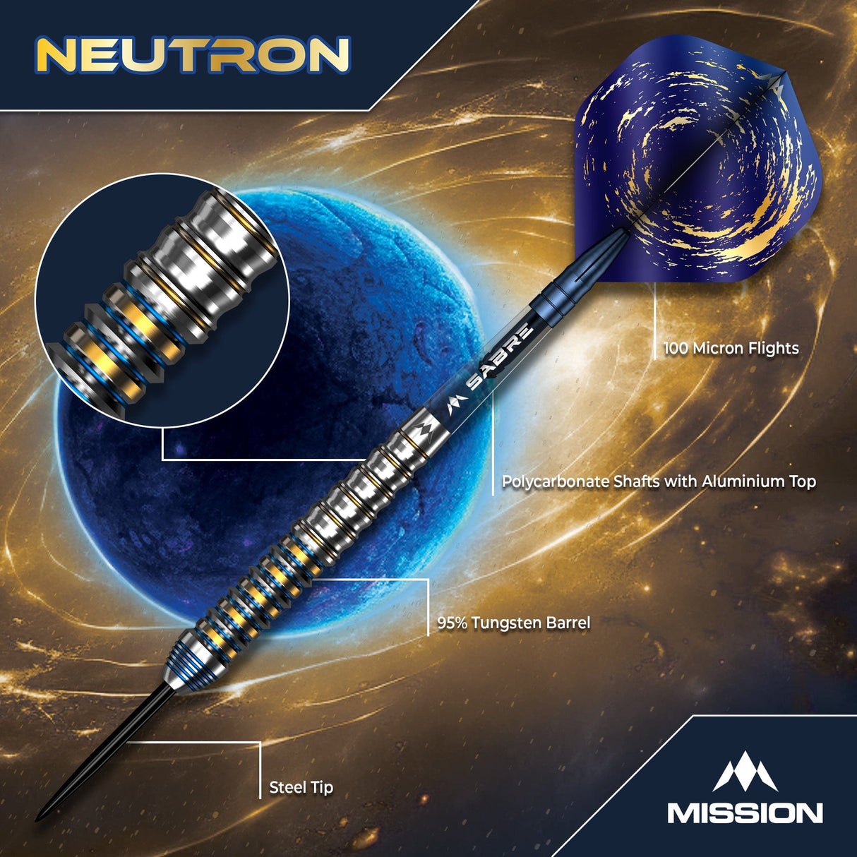 Mission Neutron Darts - Steel Tip - 95% Tungsten - Blue & Gold PVD - view 2
