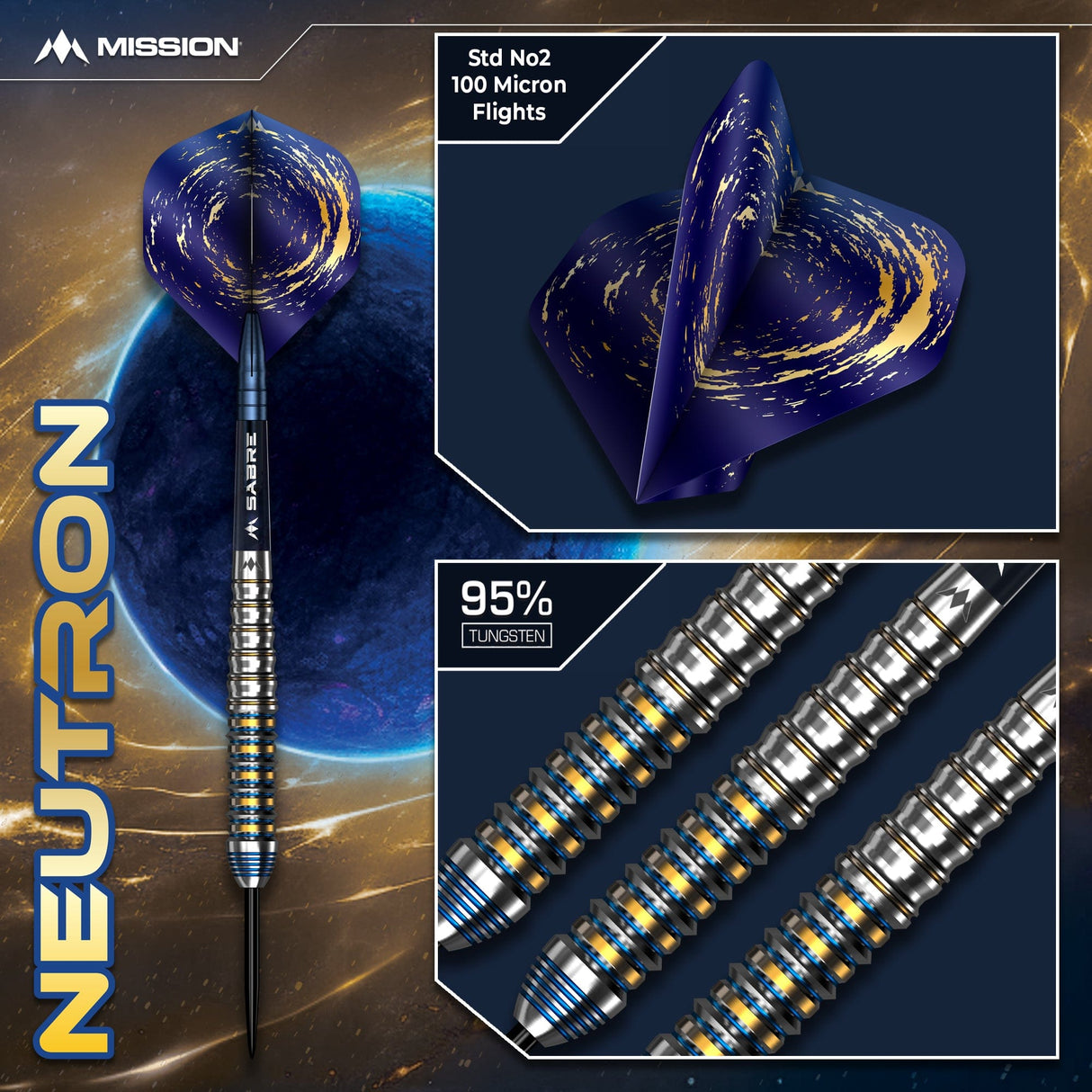 Mission Neutron Darts - Steel Tip - 95% Tungsten - Blue & Gold PVD - view 5