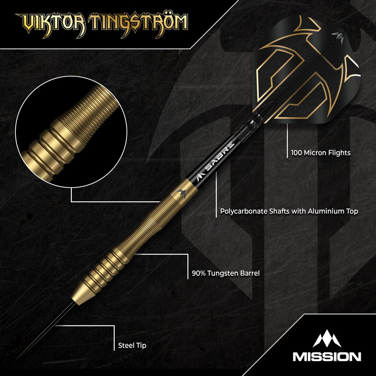 Mission Viktor Tingstrom Darts - Steel Tip - 90% Tungsten - Gold - view 3
