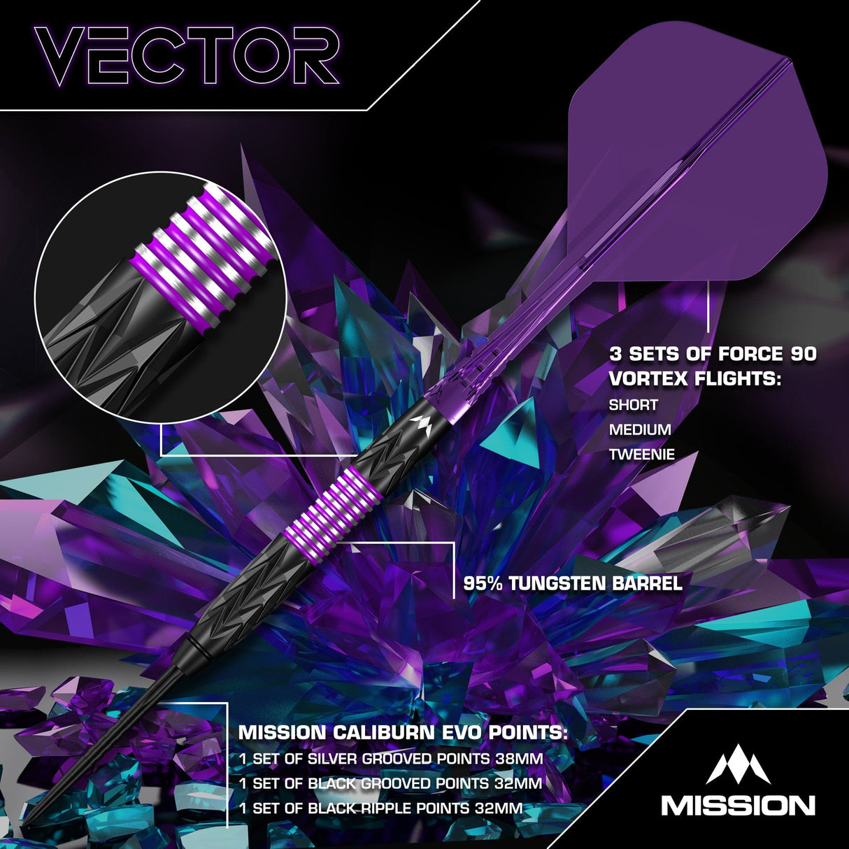 Mission Vector Darts - Steel Tip - 95% Tungsten - Black PVD & Purple Electro - view 2
