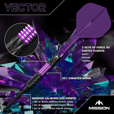 Mission Vector Darts - Steel Tip - 95% Tungsten - Black PVD & Purple Electro - view 2