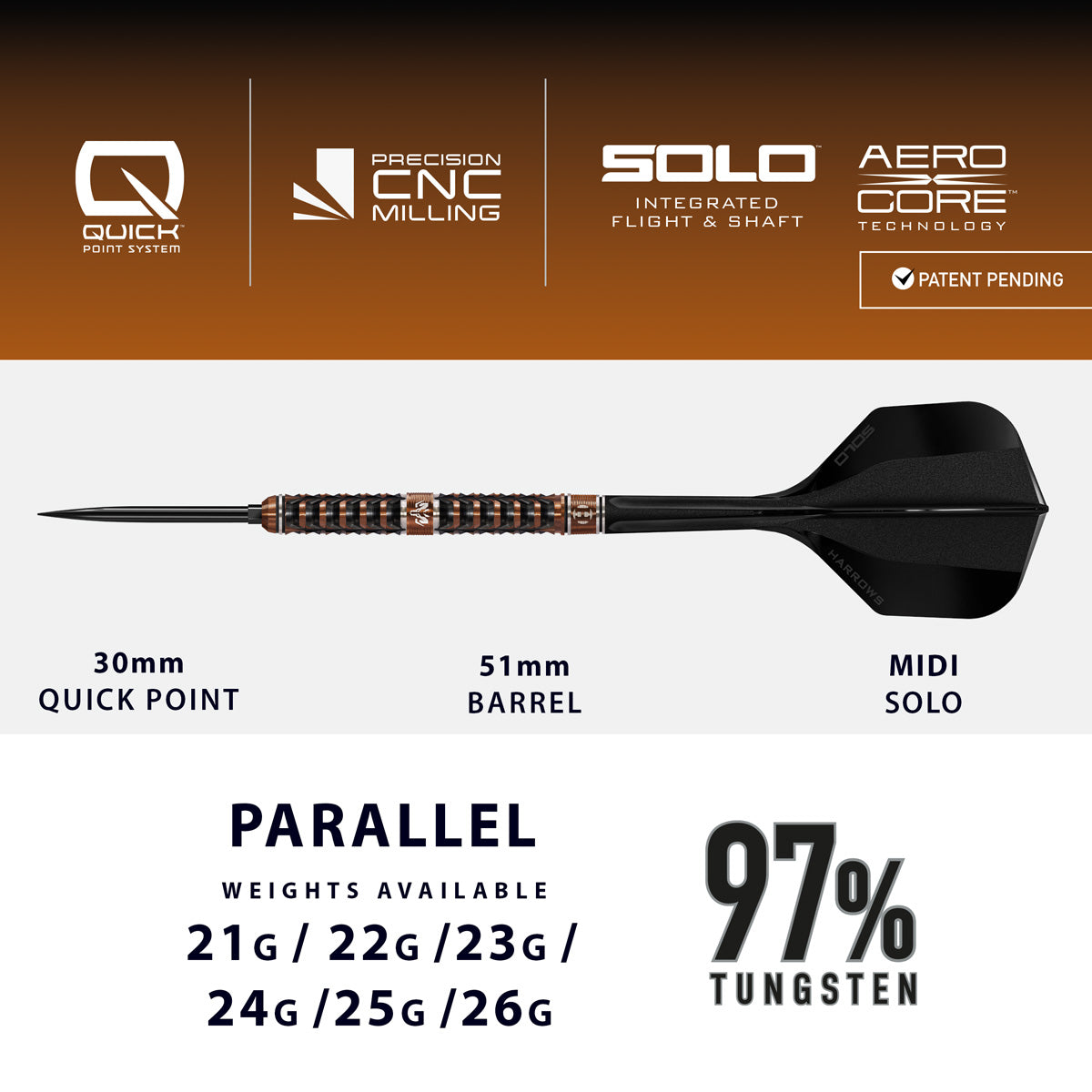 Harrows Wolfram Trinity 97% Tungsten QP Steel Tip Darts - view 4